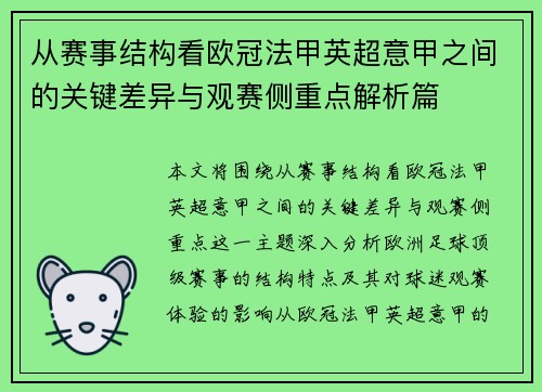 从赛事结构看欧冠法甲英超意甲之间的关键差异与观赛侧重点解析篇 从赛事结构看欧冠法甲英超意甲之间的关键差异与观赛侧重点解析篇
