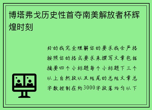 博塔弗戈历史性首夺南美解放者杯辉煌时刻