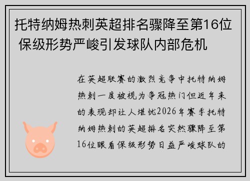 托特纳姆热刺英超排名骤降至第16位 保级形势严峻引发球队内部危机 托特纳姆热刺英超排名骤降至第16位 保级形势严峻引发球队内部危机